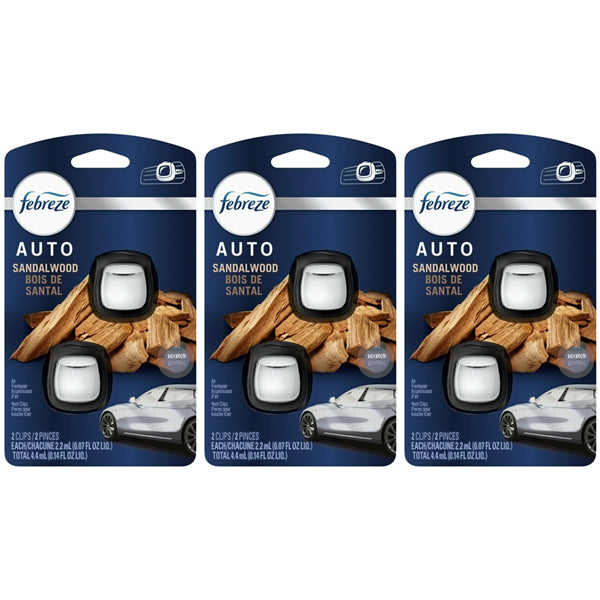 Three packs of Febreze Auto Car Air Freshener Vent Clips, sandalwood scent (2 per pack), are shown in packaging with wood and car images.